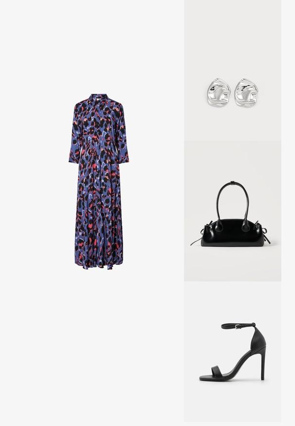 Maxi-jurk van zijdeachtig materiaal met een blauwe basis en gedurfde zwarte en roze luipaardprints, een kraag en lange mouwen.; Zwarte sandalen met hoge hakken, met een slank ontwerp, voorzien van een enkelbandje, open teen en een gladde leren textuur.; Kleine zwarte glanzende handtas met twee lange hengsels en zijkant trekkoord details op een effen lichte achtergrond.; Zilveren abstracte studs met een gepolijste afwerking, met gladde rondingen en subtiele contouren. Geen zichtbare patronen of accenten.