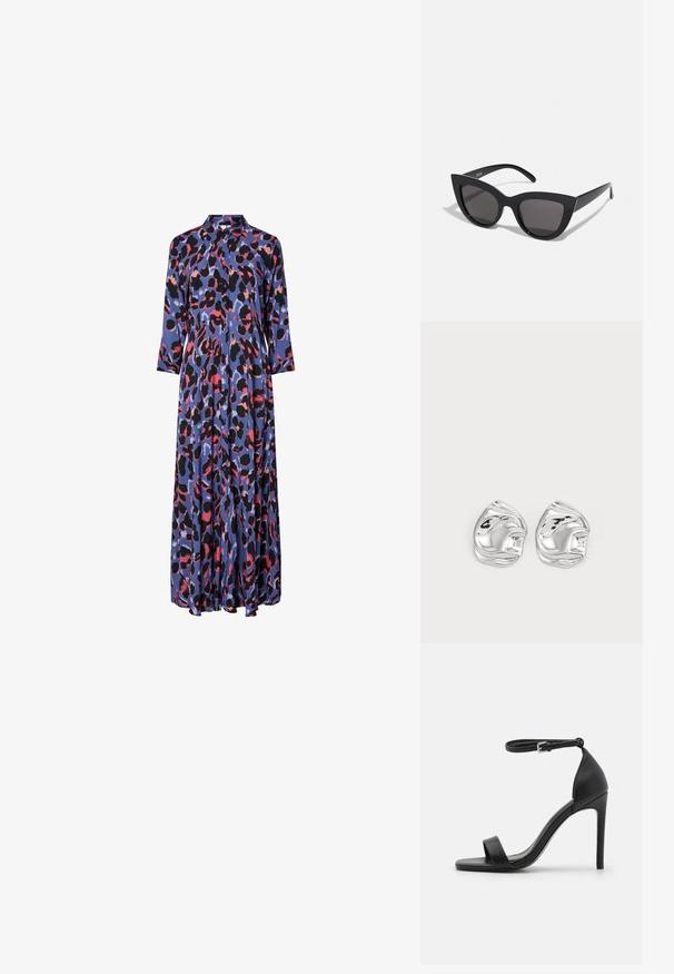 Maxikjole i silkeagtigt stof med en blå bundfarve og markante sorte og pink leopardprint, kraveudskæring og lange ærmer.; Sort højhælet sandal med et sleek design, der har en ankelrem, åben tå og glat lædertekstur.; Sorte cat-eye solbriller med mat finish, der har grå tonede linser, skarpe vinkler og slanke sidearme. Mærkenavnet er synligt på den indre arm.; Sølv abstrakte stud øreringe med en poleret finish, der har glatte kurver og subtile konturer. Ingen synlige mønstre eller accenter.