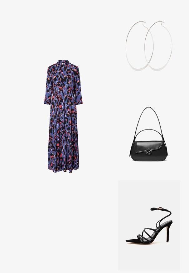 Maxi-jurk van zijdeachtig materiaal met een blauwe basis en gedurfde zwarte en roze luipaardprints, een kraag en lange mouwen.; Zwarte sandalen met hoge hak, spitse neus, dunne gekruiste bandjes en een enkelbandje met een gouden gesp op een effen lichte achtergrond.; Zwarte leren schoudertas met een gebogen klep die is bevestigd met een ronde metalen sluiting en een smalle, verstelbare band.; Zilveren oorringen met een dun, glad ontwerp; langwerpige ovale vorm; gepolijste afwerking; voorzien van een veilige haaksluiting.