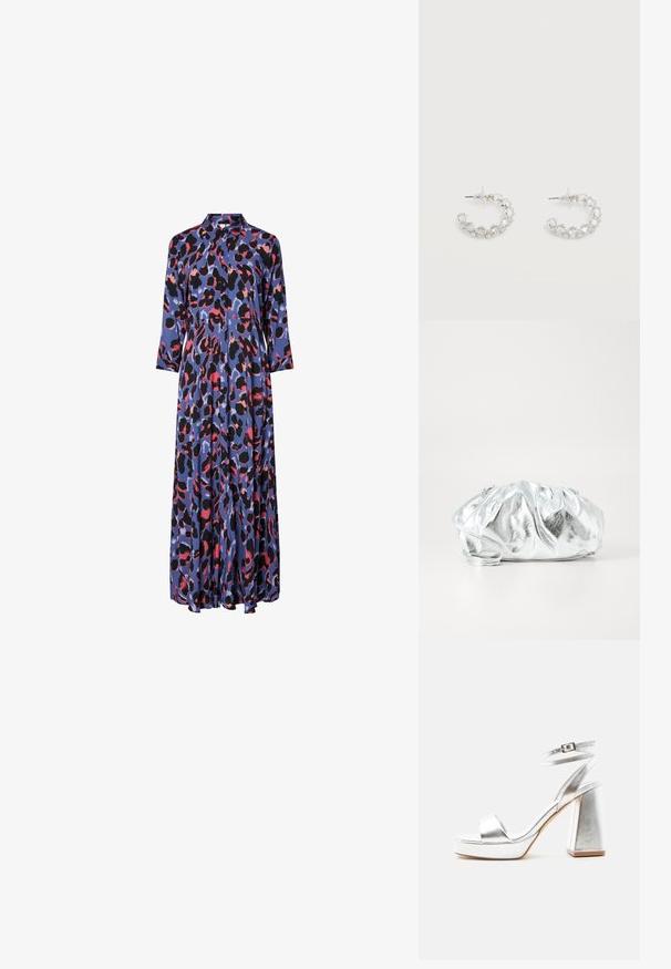 Maxime dress in silky fabric featuring a blue base with bold black and pink leopard patterns, a collared neckline, and long sleeves.; Hopeanvärinen metallinhohtoinen korkokengäsandaali nilkkaremillä, leveällä korolla ja avoimella varvassuulla yksinkertaisella vaalealla taustalla.; Metallinen hopeinen clutch-laukku, jossa on pehmeä, rypistynyt runko ja ohut olkahihna. Siinä on sileä, kiiltävä pinta ja pyöreä muoto.; Hopeiset renkaankorvakorut, jotka ovat koristeltu kirkkailla, hiotuilla kristalleilla, joissa on takana nastat ja läpinäkyvät korvalukot valkoisella taustalla.