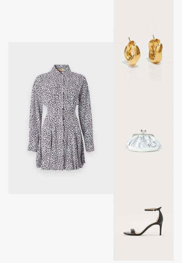 Vestido abotonado de tejido blanco con un patrón de manchas negras, con mangas largas, cintura entallada y falda plisada.; Sándalo de tacón alto de piel negra con tiras en el tobillo. Presenta una textura suave, puntera abierta y un tacón delgado. Detalles de hebilla en tono dorado.; Pequeño bolso de mano metálico plateado con diseño redondeado y fruncido y cierre de broche con dos esferas plateadas.; Pendientes de aro grueso en oro con un diseño tubular ligeramente retorcido y cierre de presión, sobre un fondo blanco.