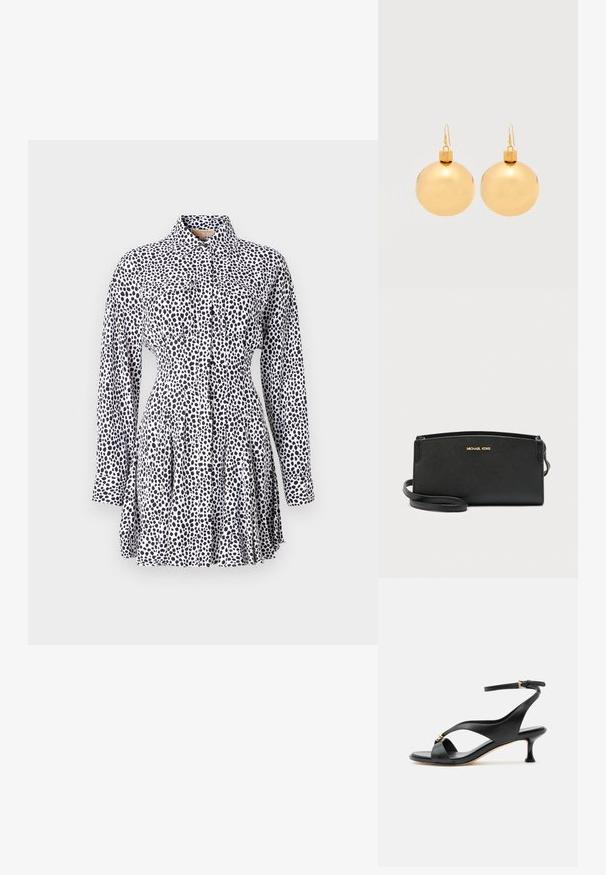 Vestido abotonado de tejido blanco con un patrón de manchas negras, con mangas largas, cintura entallada y falda plisada.; Sandalia negra de cuero para mujer con tacón bajo curvado, tiras cruzadas y correa ajustable en el tobillo con pequeña hebilla dorada.; Bolso bandolera de cuero negro con acabado texturizado, que cuenta con un detalle de logo dorado y una correa removible para mayor versatilidad.; Par de pendientes de bola navideña dorados brillantes con cierre de gancho sobre un fondo blanco liso.