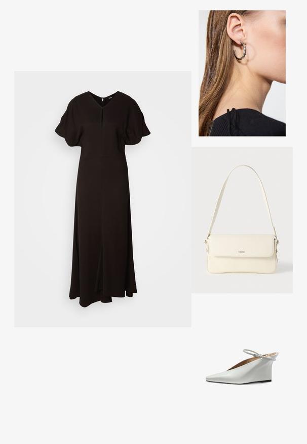Vestido negro de largo completo hecho de un tejido suave. Presenta un escote en V, mangas cortas abullonadas y una abertura frontal para facilitar el movimiento.; Zapato tipo cuña blanco con punta puntiaguda, con una fina correa en el tobillo y hebilla, con un diseño de tacón curvo y elegante.; Bolso de hombro de cuero color crema con cierre de solapa, herrajes plateados, una sola correa ajustable y detalles sutiles con el logo.; Pendiente de aro de plata con un acabado pulido, que presenta pequeños detalles en dorado y una forma redonda, llevado en el lóbulo.