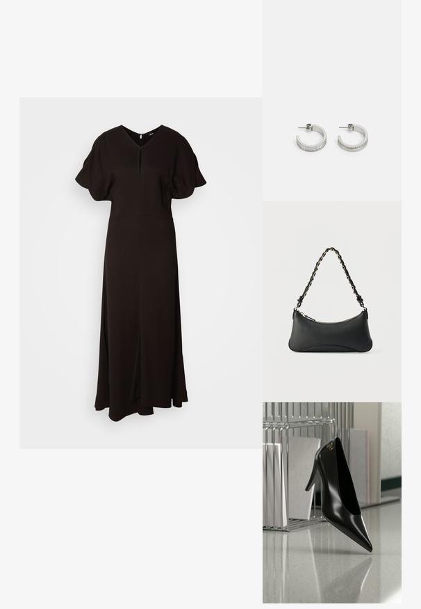 Vestido negro de largo completo hecho de un tejido suave. Presenta un escote en V, mangas cortas abullonadas y una abertura frontal para facilitar el movimiento.; Zapato de tacón alto negro con punta afilada y logo dorado, colocado sobre una superficie reflectante cerca de un organizador de archivos de alambre cromado con documentos.; Bolso de hombro de cuero negro con forma rectangular curvada, cadena dorada entrelazada en una correa negra trenzada y cierre superior con cremallera.; Pendientes de aro plateados con una superficie lisa y una fila de pequeñas piedras transparentes a lo largo del borde inferior, con cierre de perno.