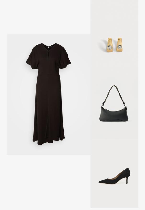 Vestido negro de largo completo hecho de un tejido suave. Presenta un escote en V, mangas cortas abullonadas y una abertura frontal para facilitar el movimiento.; Salón de ante negro con punta puntiaguda, tacón de aguja delgado de altura media y diseño de corte bajo sobre un fondo liso.; Bolso de hombro de cuero negro con forma rectangular curvada, cadena dorada entrelazada en una correa negra trenzada y cierre superior con cremallera.; Par de pendientes rectangulares dorados con una única piedra preciosa redonda y transparente engastada en bisel de tono plateado en cada uno.