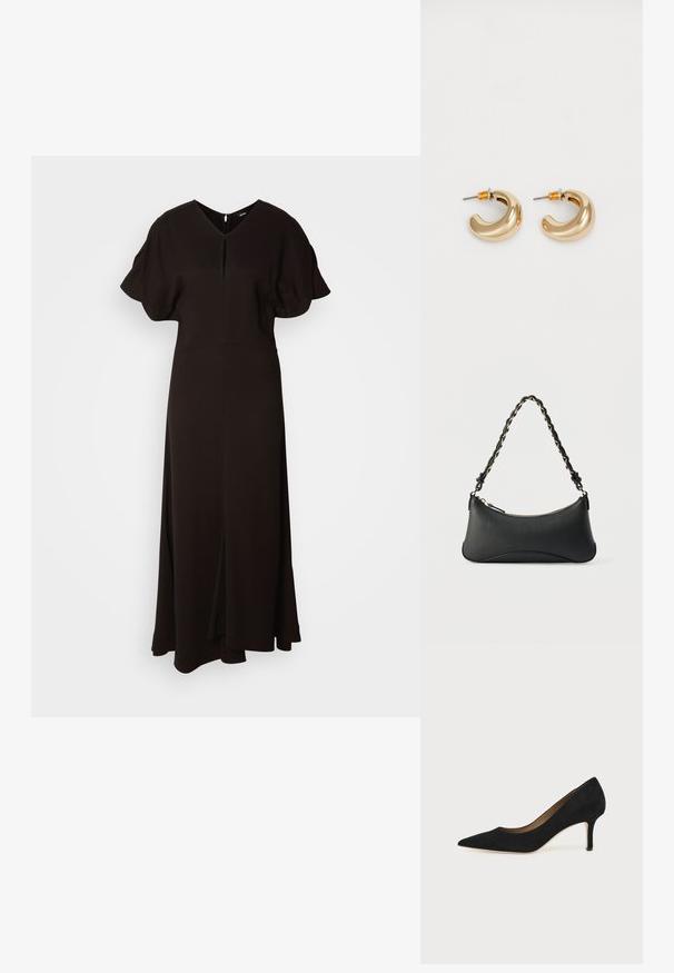 Vestido negro de largo completo hecho de un tejido suave. Presenta un escote en V, mangas cortas abullonadas y una abertura frontal para facilitar el movimiento.; Salón de ante negro con punta puntiaguda, tacón de aguja delgado de altura media y diseño de corte bajo sobre un fondo liso.; Bolso de hombro de cuero negro con forma rectangular curvada, cadena dorada entrelazada en una correa negra trenzada y cierre superior con cremallera.; Dos pendientes de aro dorados brillantes en un diseño curvado, con acentos naranjas cerca del poste, sobre un fondo blanco liso.