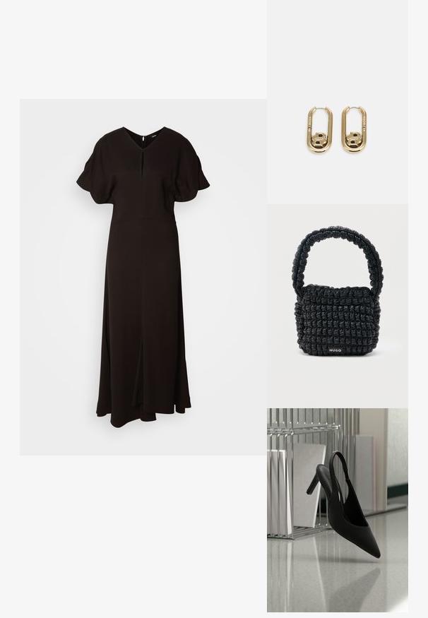 Vestido negro de largo completo hecho de un tejido suave. Presenta un escote en V, mangas cortas abullonadas y una abertura frontal para facilitar el movimiento.; Zapato de tacón alto negro con punta afilada y tira en el talón, suspendido en el aire sobre un suelo brillante con carpetas apiladas en el fondo.; Bolso pequeño negro acolchado con asa corta acolchada y etiqueta "HUGO" en el frente, exhibido sobre un fondo claro y liso.; BOSS DOUBLE B SWING - Pendientes - gold-coloured