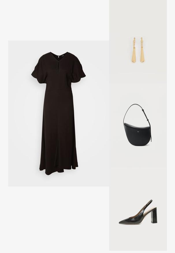 Robe noire, longue jusqu'au sol, faite d'un tissu doux. Présente un décolleté en V, des manches puffées courtes et une fente avant pour faciliter les mouvements.; Chaussure slingback en cuir noir à bout pointu avec un talon bloc haut et une doublure intérieure beige sur un fond clair uni.; Sac à bandoulière en cuir noir en forme de demi-lune avec une bandoulière réglable et le logo doré « BOSS » centré sur le devant.; Boucles d'oreilles pendantes en ton or avec des pendentifs lisses en forme de goutte allongée suspendus à de petites attaches en forme d'anneau sur un fond blanc.