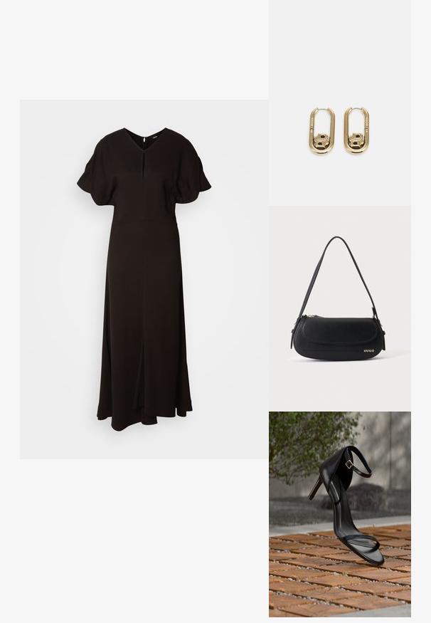 Vestido negro de largo completo hecho de un tejido suave. Presenta un escote en V, mangas cortas abullonadas y una abertura frontal para facilitar el movimiento.; Sandalia negra de tacón alto con correa en el tobillo, parece suspendida sobre un suelo de baldosas de madera al aire libre, con un fondo difuminado de vegetación y piedra.; Bolso de hombro de cuero negro con solapa curva, logo dorado "HUGO" en el frente y una correa ajustable.; BOSS DOUBLE B SWING - Pendientes - gold-coloured