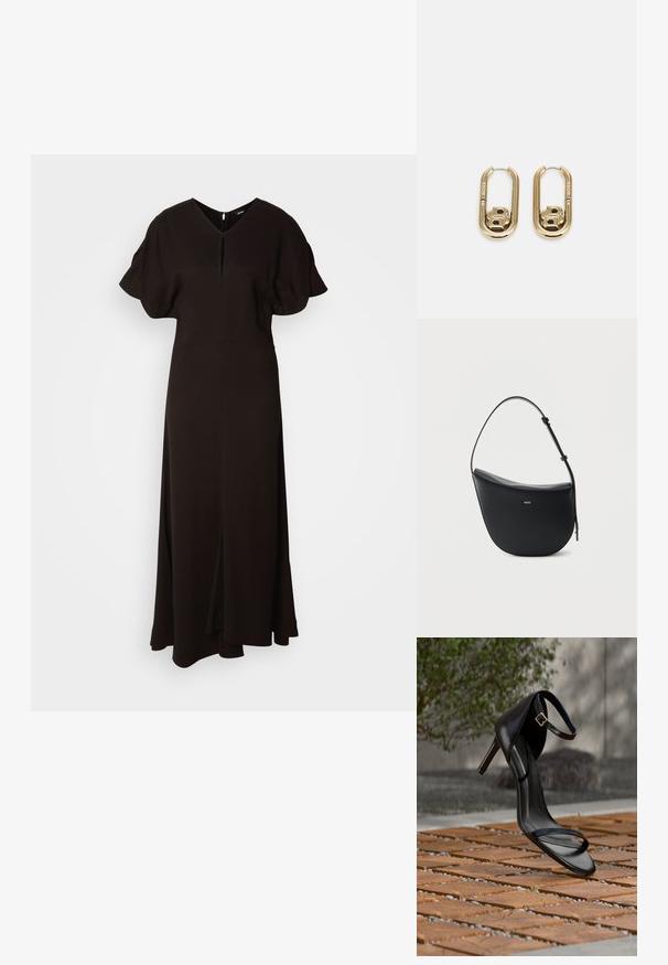Vestido negro de largo completo hecho de un tejido suave. Presenta un escote en V, mangas cortas abullonadas y una abertura frontal para facilitar el movimiento.; Sandalia negra de tacón alto con correa en el tobillo, parece suspendida sobre un suelo de baldosas de madera al aire libre, con un fondo difuminado de vegetación y piedra.; Bolso de hombro de cuero negro en forma de media luna, con correa ajustable y logo dorado "BOSS" centrado en el frente.; BOSS DOUBLE B SWING - Pendientes - gold-coloured