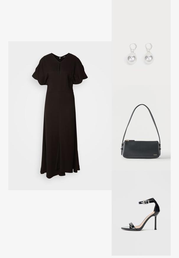 Vestido negro de largo completo hecho de un tejido suave. Presenta un escote en V, mangas cortas abullonadas y una abertura frontal para facilitar el movimiento.; Sandalia de tacón alto en piel sintética negra con correa en el tobillo. Presenta un diseño minimalista, punta abierta y una hebilla con detalles de pedrería.; Bolso de hombro rectangular de cuero negro con cremallera dorada y pequeño logo dorado "HUGO" en el frente, con una correa ajustable con hebilla.; Pendientes de plata en forma de gota con superficies redondas y reflectantes colgando de cierres de palanca. El fondo es blanco liso.