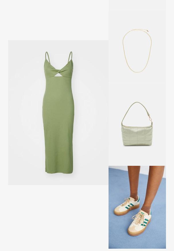 Groene aansluitende jurk van ribstof, met dunne bandjes en een ruitvormige uitsnede aan de voorkant, tot halverwege de kuit.; Beige sneakers met donkergroene strepen, rubberen zool, bovenwerk van suede en textiel, en neutrale hardware, gecombineerd met bruine sokken op een lichtblauwe ondergrond.; Gewatteerde groene schoudertas met een zachte textuur, rechthoekige vorm, enkele schouderriem en een ritsluiting in goudkleur. Voorzien van een gewatteerd patroon.; Gouden ketting met een slanke, gedraaide vorm, voorzien van een sluiting en verstelbare lengte. Soepele textuur en glanzende afwerking.