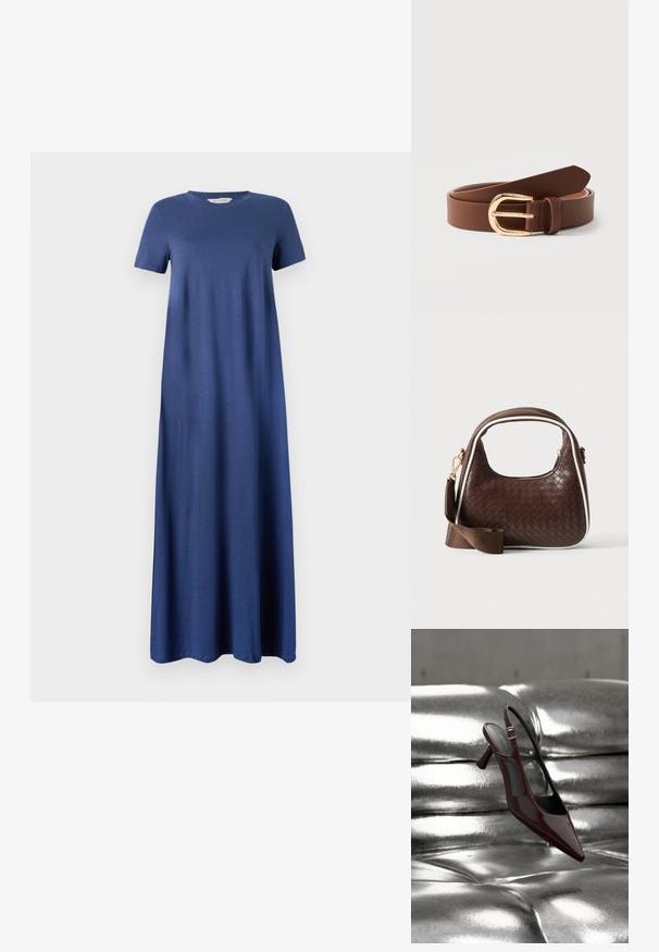 Navyblaues Maxikleid aus weichem Stoff, mit kurzen Ärmeln und rundem Ausschnitt, im geraden, fließenden Design. Keine sichtbaren Muster oder Akzente.; Glänzender, dunkelroter Slingback-Pumps mit hohem Absatz und spitz zulaufender Vorderkappe, präsentiert auf glänzendem, silbernem, gesteppter Lederoberfläche.; Braune gewebte Lederhandtasche mit weißer Paspel, goldenem Reißverschluss und abnehmbarem braunem Stoff-Schulterriemen.; Brauner Ledergürtel mit goldener, abgerundeter Schnalle, aufgerollt und auf einer weißen Oberfläche liegend.