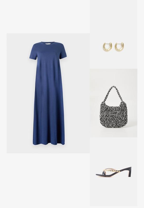 Navy blue maksimekko pehmeästä kankaasta, jossa on lyhyet hihat ja pyöreä pääntie, suora ja valuva muotoilu. Ei näkyviä kuvioita tai yksityiskohtia.; Musta avoin varvassandaali, jossa on keskipitkä lohkokorko ja kaksi ohutta remmiä, joissa pieniä kultaisia kukkakoristeita.; Kudottu käsilaukku mustavalkoisena, pyöreällä muotoilulla, tekstuuripinnalla ja pitkillä punottu kahvalla. Sopii arkikäyttöön.; Kulta sävyiset renkaat, joissa on sileä ja kiillotettu pinta. Ominaisuuksia ovat puolikuun muoto ja turvallinen painike suljenta.