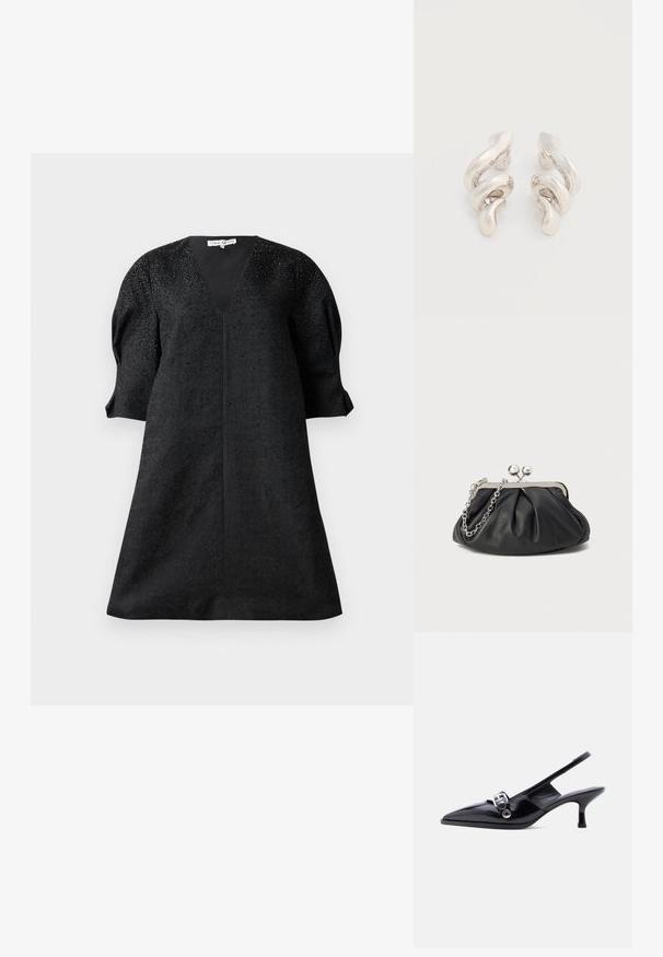 Zwarte jurk met een V-halslijn, korte pofmouwen en een textuurstof met kleine embellissementen voor detail.; Zwarte slingback kitten heel schoen van lakleer met puntige neus en zilveren gespsluiting op een effen witte achtergrond.; Zwarte leren clutch met geplooide textuur, zilverkleurig metalen frame, drukknopsluiting en kettingriem. Glad, zacht oppervlak.; Gedraaide zilveren metalen oorknopjes met een gladde, glanzende afwerking, voorzien van een modern, abstract spiraalontwerp.