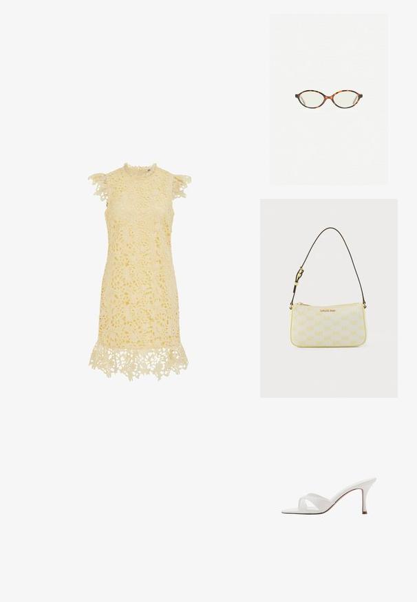 Robe sans manches en dentelle crème avec motifs floraux, ourlet volanté et petit détail à volants sur les découpes des épaules.; Mule blanche à bout ouvert avec des brides croisées et un talon stiletto fin de hauteur moyenne, montrée de profil sur un fond blanc.; Lunettes en écaille de tortue avec des verres ovales et une finition lisse et élégante. Présente des branches fines avec une courbure subtile au niveau des tempes. Verres transparents.; Petit sac à bandoulière rectangulaire beige avec motif "MK" jaune, logo doré "Michael Kors" et fine sangle marron ajustable.