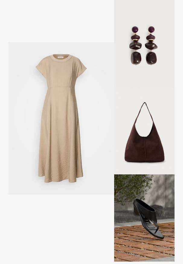 Beige midi kleit, mis on valmistatud pehmest, tekstuuriga kangast, ümmarguse kaeluse, lühikeste varrukate ja laieneva siluetiga, millel on keha külge istuv vöökoht.; Must kõrge kontsaga sandaal sõrmeliistuga, hõljumas mustrilisel puidust ja kruusast õuepinnal, mille taustal on udune rohelus ja sein.; Pruunist nahast hobo-kott, millel on suur, kumer avamine ja lai õlavarre rihm. Esiosas on keskne õmblus. Sile tekstuur.; Ripatsiga kõrvarõngad tumevioletsete ümarate, tekstuuriga ovaalsete, kuldsete ja ebaühtlaselt tumedat pruunikat kivi meenutavate helmestega, mis on paigutatud vertikaalselt.