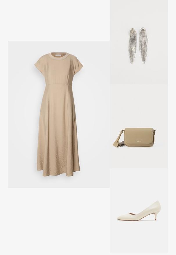 Beige midi kleit, mis on valmistatud pehmest, tekstuuriga kangast, ümmarguse kaeluse, lühikeste varrukate ja laieneva siluetiga, millel on keha külge istuv vöökoht.; Beez värvi madala kontsaga jalanõud terava varbaga ja siledast, läikivast materjalist pealispinnaga. Omab diskreetset lõiget kaare piirkonnas ja kitsast, kitsa tere-kontsaga.; Khaki nahast ristihoidja käekott tekstuurse viimistluse, klapi sulgemise, hõbedase kaubamärgiga ja reguleeritava rihmaga. Kompaktne ristkülikukujuline.; Hõbedased kõrvarõngad, millel on kaskaadiline disain, mitmekesised rida säravate rhinestone'idega, teravad tipud ja delikaatsed ketikatted.