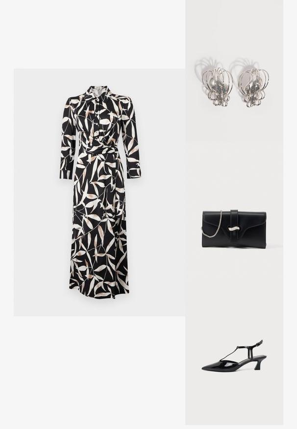 Robe portefeuille noire à manches longues avec motif abstrait de feuilles blanches et beige, col à boutons, longueur mi-mollet sur fond uni.; Chaussure slingback en cuir verni noir à bout pointu avec bride en T et petit talon bloc incliné sur fond blanc.; Pochette en cuir noir avec une bandoulière en chaîne argentée et un fermoir argenté sur le devant, présentée sur un fond blanc uni.; Paire de boucles d'oreilles en métal argenté avec un design en cage à fil ouvert et des formes ovales centrales lisses projetant des ombres courbes sur un fond blanc.