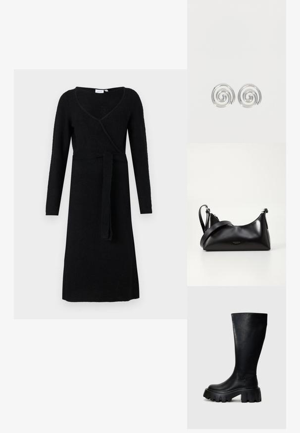 Robe noire à manches longues enroulée avec décolleté en V et ceinture en tissu nouée à la taille, présentée sur un fond blanc.; Bottes noires montantes en cuir lisse avec une semelle épaisse, dotées d'un bout arrondi, de panneaux latéraux élastiques et d'un détail de couture subtil.; Sac à main en cuir noir avec une texture lisse. Dispose d'une bandoulière adjustable et d'un design élégant et minimaliste avec une fermeture éclair.; Paire de boucles d'oreilles en forme d'anneau spirale en argent avec un design lisse et arrondi sur fond blanc uni.