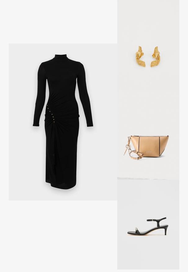 Zwarte midi-jurk met lange mouwen, hoge halslijn, zijschoentjes, gouden knoopdetails en twee kwastjes die aan de taille hangen.; Zwarte leren sandaal met hak, enkelbandje, open neus, vierkante voorkant en zilverkleurige accenten. Gesloten ontwerp met een slank profiel.; Lichtbruine Michael Kors crossbodytas van leer met een ritssluiting, zwarte afwerking en een afneembare riem met logohanger.; Gouden oorbellen met een twisted leaf ontwerp, versierd met kleine fonkelende stenen, en met een stekerbevestiging.