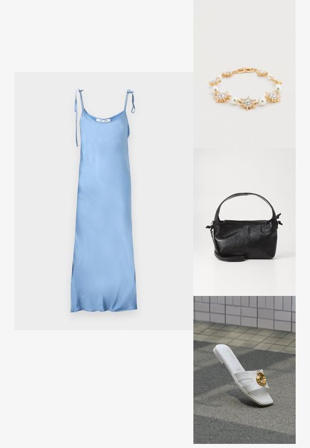Robe nuisette en satin bleu clair avec des bretelles réglables à nouer sur les épaules, un décolleté en auge et une silhouette longue et droite.; Sandale à glissière blanche avec texture croco, ornement circulaire doré, bout carré, et logo "ALDO" sur la semelle intérieure sur fond de pavé gris.; Sac à main en cuir noir au design structuré, avec une poignée arrondie et une bandoulière amovible. Présente une texture lisse et un éclat subtil.; Bracelet ton or orné d'embellissements en forme d'étoiles et de perles rondes, souligné par des cristaux transparents, avec une fermeture détaillée et une finition lisse.