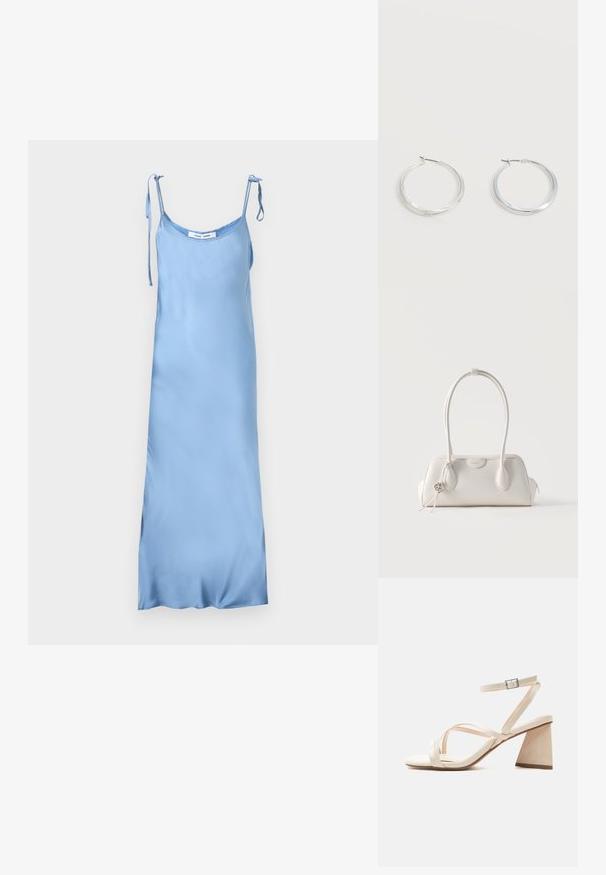 Robe nuisette en satin bleu clair avec des bretelles réglables à nouer sur les épaules, un décolleté en auge et une silhouette longue et droite.; Sandale beige à bout ouvert avec talon bloc, brides croisées et bride de cheville réglable avec boucle argentée.; Petit sac à main en cuir blanc avec deux longues anses, un pendentif logo argenté et une fermeture éclair de chaque côté, posé sur un fond blanc uni.; Boucles d’oreilles créoles en métal argenté avec une surface lisse légèrement incurvée et des fermoirs à clapet sur un fond blanc uni.