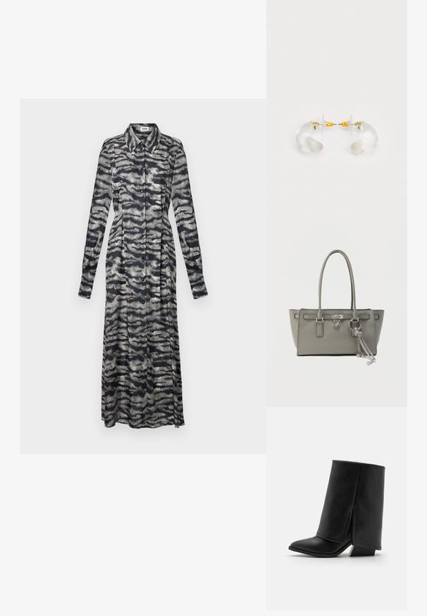 Lange gemusterde jurk in zwart en grijs met een kraag, lange mouwen, knoopsluiting en een vloeiende pasvorm, met een golvend abstract ontwerp.; Madden Girl ABILENE - Lage laarzen - black paris; Grijze leren totebag met twee handvatten, een voorste gesp en een metalen hanger. Heeft een gestructureerd ontwerp en een gladde textuur.; Heldere acryl oorringen met gouden accenten, met een gebogen ontwerp en transparante sluiting. Gladde textuur, minimalistische stijl.