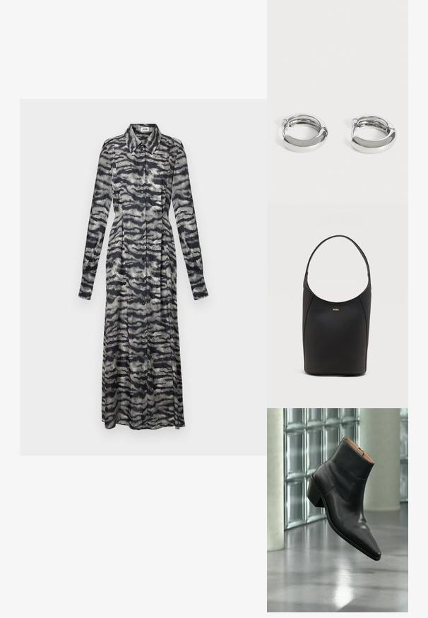 Vestuario largo con estampado en negro y gris, con cuello, mangas largas, cierre de botones y un corte fluido, que presenta un diseño abstracto ondulado.; Botín de piel negra con puntera puntiaguda y tacón cuadrado que levita sobre un suelo gris reflectante cerca de una pared de bloques de cristal.; Bolso de cuero negro tipo saco con una sola correa para el hombro y pequeño logo dorado de BOSS centrado cerca de la parte superior frontal.; Par de pequeños pendientes de aro plateados brillantes con superficies lisas y redondeadas sobre un fondo blanco liso.