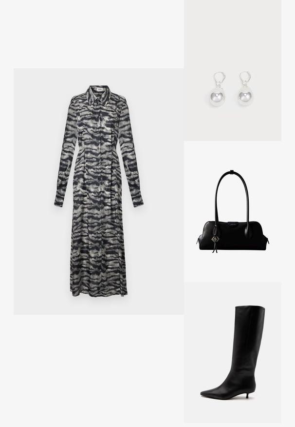 Vestuario largo con estampado en negro y gris, con cuello, mangas largas, cierre de botones y un corte fluido, que presenta un diseño abstracto ondulado.; Bota alta de cuero negro hasta la rodilla con puntera puntiaguda y tacón bajo tipo kitten sobre un fondo claro y liso.; Bolso de mano negro de cuero Calvin Klein con asas largas, una etiqueta con el logo frontal y un colgante geométrico plateado que cuelga de una de las asas.; Pendientes de plata en forma de gota con superficies redondas y reflectantes colgando de cierres de palanca. El fondo es blanco liso.