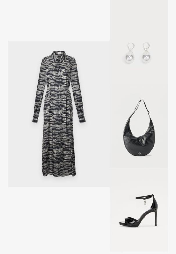 Langes, gemustertes Kleid in Schwarz und Grau mit Kragen, langen Ärmeln, Knopfverschluss und fließender Passform, das ein wellenförmiges, abstraktes Design zeigt.; Schwarze Lackleder-Pumps mit offenen Zehen, Knöchelriemen und einem silbernen Charme-Akzent. Verfügt über ein schlankes, modernes Design.; Schwarze, halbmondförmige Lederschultertasche mit verstellbarem Riemen und silbernem "cK"-Logo auf der Vorderseite, vor weißem Hintergrund.; Silberne Tropfenohrringe mit glatten, runden, reflektierenden Oberflächen, die an Hakenverschlüssen hängen. Der Hintergrund ist reinweiß.