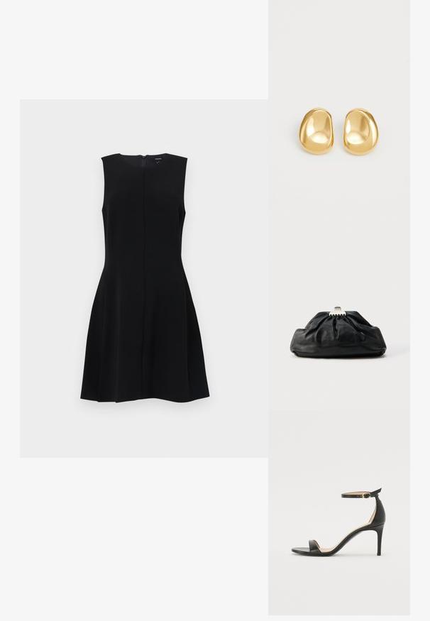 Robe noire sans manches avec un corsage ajusté et une jupe évasée, dotée d'une fermeture éclair dissimulée dans le dos et de lignes épurées. Matière lisse et sans texture.; Sandale à talons hauts en cuir noir avec une lanière de cheville. Présente une texture lisse, un bout ouvert et un talon fin. Détail de boucle en ton doré.; Pochette en cuir noir avec une texture plissée, fermeture à fermoir métallique, et logo embossé discret sur le devant. Forme arrondie.; Boucles d'oreilles en forme de clou de couleur or, avec une forme lisse et arrondie et une surface réfléchissante, mettant en avant un design minimaliste sans motifs visibles.