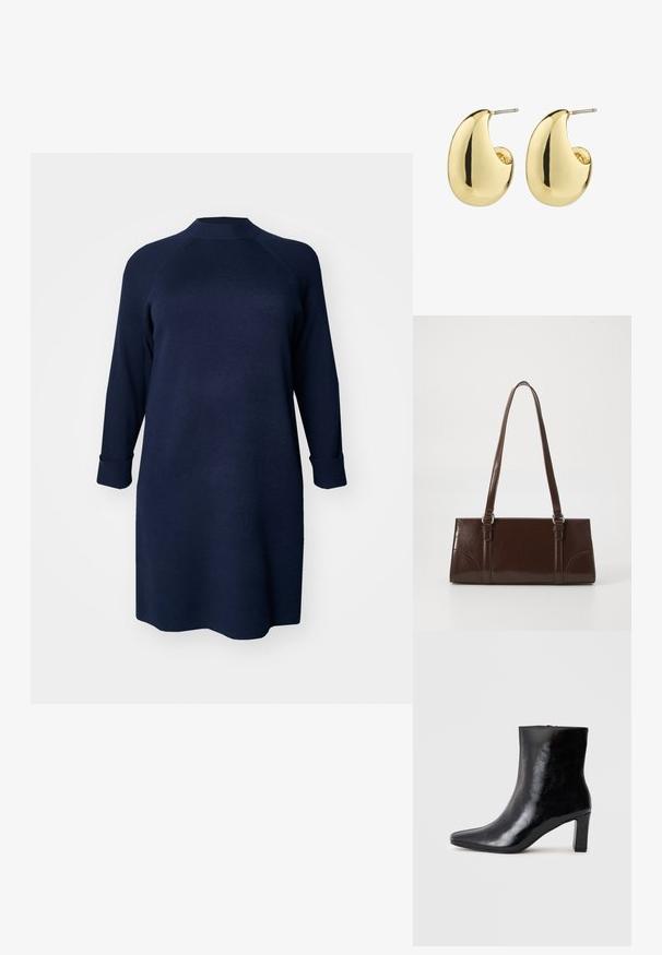Vero Moda Curve Knitted VMCGOLD Short - Strikkjoler - navy blazer; Sorte ankelstøvler lavet af blank læder, med spidse tæer og en mellemstor blokhæl, med en glat tekstur og et enkelt design.; Brun lakeret håndtaske med rektangulær form, to lange håndtag og subtile buede detaljer på fronten.; Guldtonede studøreringe med en glat, poleret overflade i en abstrakt, tårnform. Simple metalpind til fastgørelse.