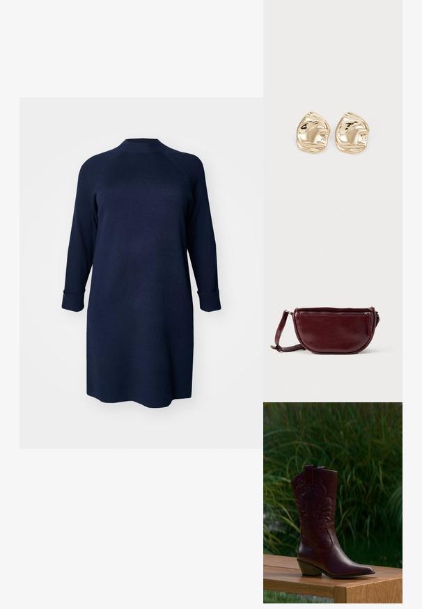 Vero Moda Curve Knitted VMCGOLD Short - Strikkjoler - navy blazer; Mørkebrune læder cowboystøvler med broderede mønstre, lavt skråt hæl og trækflapper, placeret på en træ bænk med grønne planter i baggrunden.; Vinrød læderhåndtaske med halvmåneform, lynlås og aftagelig rem. Glat tekstur med en subtil glans.; Guldtonede metalstudøreringe med et uregelmæssigt, glat design og en reflekterende overflade samt bølgede kanter. Ingen yderligere udsmykninger.