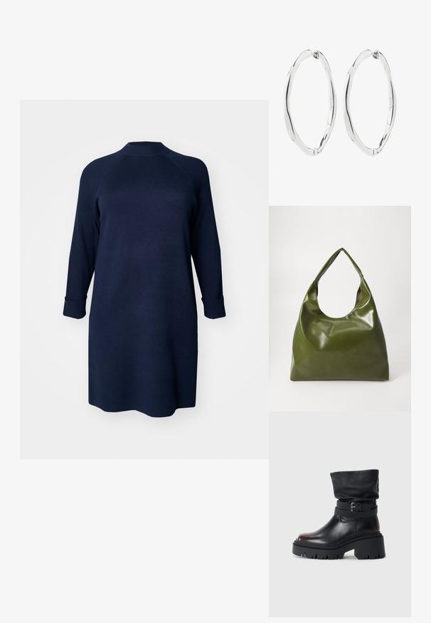 Vero Moda Curve Knitted VMCGOLD Short - Gebreide jurk - navy blazer; Zwarte leren enkelboot met een slappe schacht, gespsluiting en een dikke, robuuste zool. Beschikt over een ronde neus en een gladde textuur.; Groene leren hobotas met een slordig ontwerp, gebogen handvat en een gladde textuur. Bevat geen zichtbare hardware of accenten.; Een paar gepolijste zilveren gedraaide ovale creolen met scharnierende sluitingen, getoond tegen een witte achtergrond.