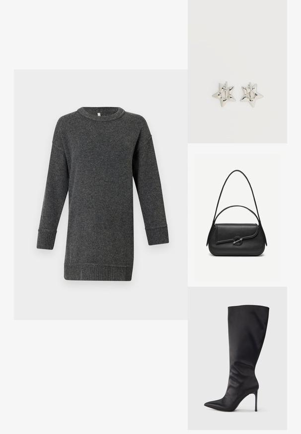 Dunkelgrauer, langärmeliger Wollpullover mit gerippten Bündchen und Saum, Rundhalsausschnitt und lockerer Passform.; Schwarzer kniehoher Stiletto-Stiefel aus glattem, elegantem Material; spitze Zehe; enganliegend mit subtilen Falten nahe dem Knöchel; glänzender Absatz.; Schwarze Lederhandtasche mit abgerundeten Kanten, asymmetrischem Überschlag, metallfarbenem runden Verschluss und kurzen sowie langen Schulterriemen.; Silberne, sternförmige Creolen mit einer glatten, polierten Oberfläche auf weißem, schlichtem Hintergrund.