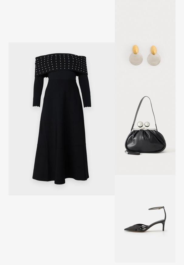 Sort off-the-shoulder kjole med lange ærmer, ribbet tekstur, bølget kant og sølvnitter langs halsudskæringen og kroppen.; Sort læder højhælet sko med spids tå, åbne sider og en tynd ankelrem med en lille guld detalje.; Sort læderhåndtaske med opsamlet design, en enkelt rem, sølv metalramme og to store runde sølv lukninger.; Guld- og sølvmetalløreringe med en rund skivebund og et ovalt topstykke, glat tekstur og poleret finish.