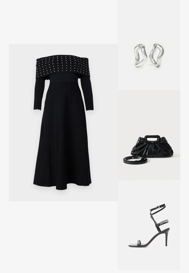 Sort off-the-shoulder kjole med lange ærmer, ribbet tekstur, bølget kant og sølvnitter langs halsudskæringen og kroppen.; Sort højhælet sandal med tynd ankelrem, midtfodsrem dekoreret med sølvkædeled og åben tå-design.; Lille sort læderhåndtaske med rynket tekstur, rektangulært håndtag og aftagelig tynd skulderrem placeret ved siden af.; Sølv øreringe i hoop-design med snoet mønster. Runde kanter og blank finish. Åbne lukninger for nem brug. Glat tekstur over det hele.
