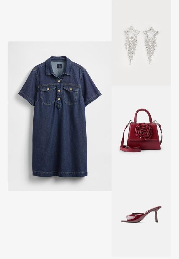 Robe chemise en denim bleu foncé avec manches courtes, deux poches poitrine, patte de boutonnage à cinq boutons et texture subtilement délavée.; Mule ouverte à bout rond brillante bordeaux avec un talon fin de hauteur moyenne et une semelle incurvée sur un fond blanc uni.; Sac à main en cuir rouge avec une forme structurée, présentant un grand accent de rose à l'avant, une courte poignée et une bandoulière amovible.; Boucles d'oreilles en strass en forme d'étoile avec des détails de franges en cascade, présentant une teinte argentée et une surface brillante et réfléchissante. Forme d'étoile avec un design complexe.