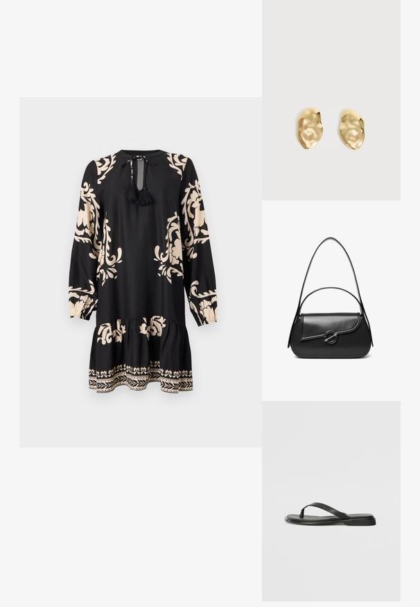 Sort kjole med lange ærmer, prydet med beige blomster mønstre og en flæse i bunden. Includerer en bindebånd ved halsen med frynser for detalje.; Sorte flip-flops lavet af glat læder, med et tyndt remdesign og en flad sål med et minimalt profil. Ingen bemærkelsesværdige mønstre eller accenter.; Sort skuldertaske i læder med en buet klap, der er fastgjort med en rund metal spænde, og en slank, justerbar rem.; Par skinnende, ujævnt formede øreringe af guldmetal med en krøllet, glat overflade på en ensartet lys baggrund.