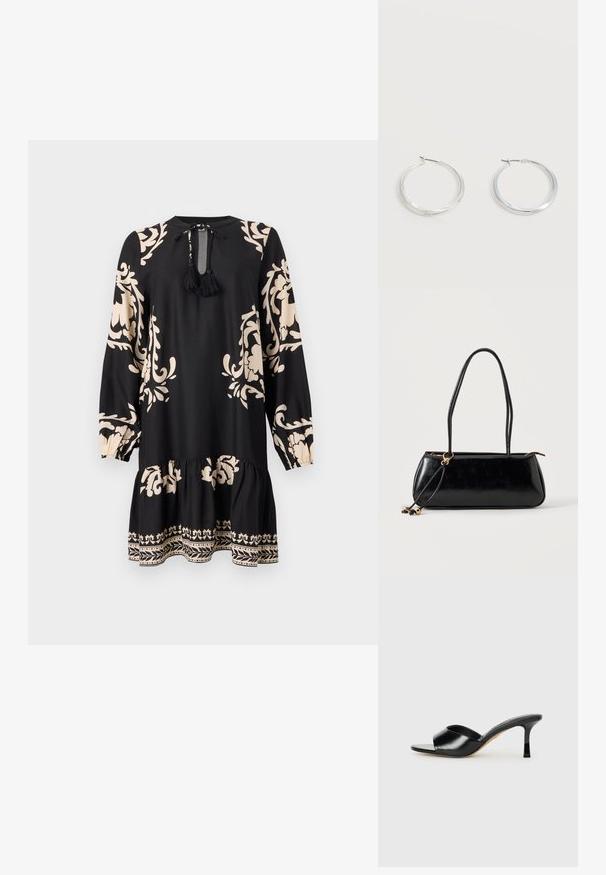 Schwarzes Kleid mit langen Ärmeln, verziert mit beige-blühenden Mustern und einem Rüschensaum. Inklusive einer Troddel-Krawatte am Hals für Details.; Schwarze Leder-Pumps mit hohen Absätzen und offenem Zehenbereich sowie einem breiten, geschwungenen Oberriemen. Glatte Textur und schlanker Silhouette.; Schwarze rechteckige Handtasche mit zwei langen Trägern, goldfarbenem Ringdetail und Reißverschluss auf hellem, einfarbigem Hintergrund.; Silberne Metallcreolen mit glatter, leicht gebogener Oberfläche und Klappverschluss vor schlicht weißem Hintergrund.