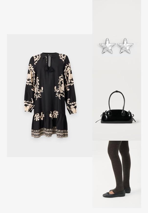 Vestido negro de manga larga, con patrones florales beige y un dobladillo con volantes. Incluye un lazo en el cuello con borlas como detalle.; Piernas con leggings oscuros acanalados combinados con bailarinas negras que presentan pequeños detalles de lazo sobre un fondo blanco.; Pequeño bolso negro brillante con dos asas largas y detalles de cordón lateral sobre un fondo claro liso.; Pendientes en forma de estrella plateada con una superficie pulida y brillante. Cada pendiente presenta cinco puntas y sutiles detalles de textura en la superficie.