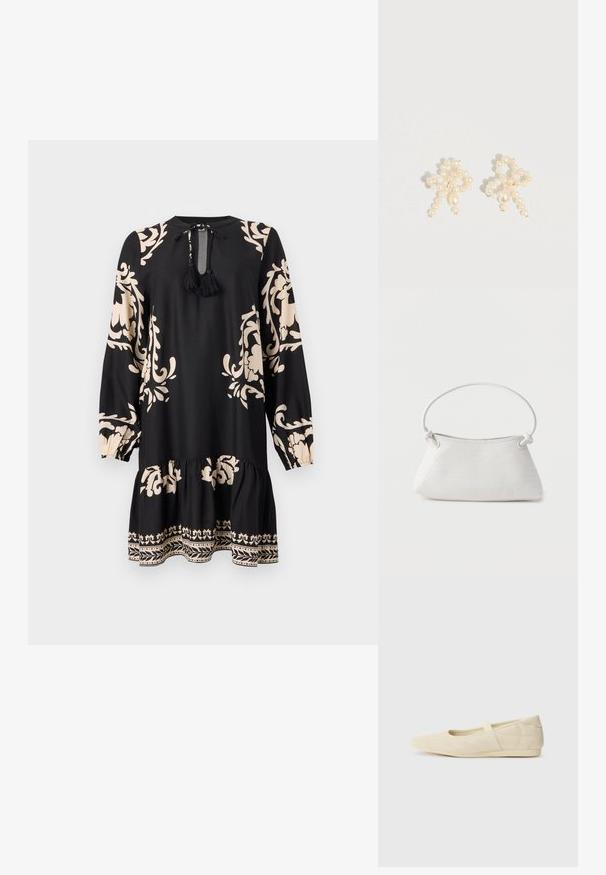 Vestido negro de manga larga, con patrones florales beige y un dobladillo con volantes. Incluye un lazo en el cuello con borlas como detalle.; Bailarinas beige con un exterior de cuero liso, punta en forma de almendra y una correa elástica en el empeine, con detalles de costura sutiles.; Bolso de mano de cuero blanco tejido con asa redondeada y extremos de la correa anudados, exhibido sobre un fondo liso.; Pendientes de perla con un diseño delicado que combina perlas pequeñas y medianas, color crema y una forma que asemeja a un lazo.