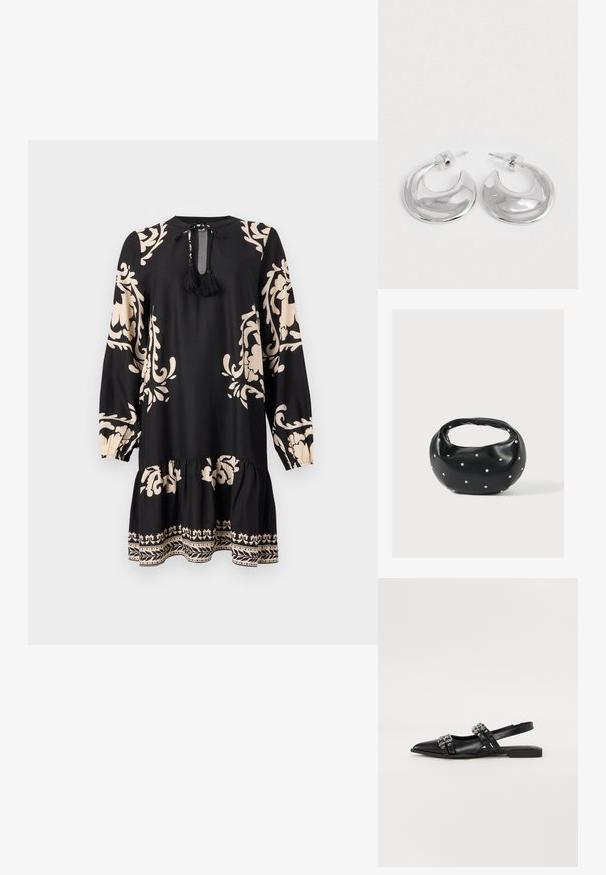 Vestido negro de manga larga, con patrones florales beige y un dobladillo con volantes. Incluye un lazo en el cuello con borlas como detalle.; Even&Odd by Zalando Bailarinas con tira trasera - black; Bolso de mano de cuero negro con forma redondeada, decorado con detalles de tachuelas plateadas y un asa corta. Textura lisa y cierre con cremallera.; Un par de pendientes de aro en forma de media luna pulidos en plata, con respaldos de plástico transparente, sobre una superficie blanca.