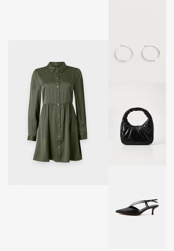 Robe boutonnée à manches longues de couleur vert olive, avec une taille cintrée et un col, jupe légèrement évasée et manches à revers.; Escarpin noir en cuir à bout pointu avec petit talon kitten, fine bride de cheville avec boucle, design slingback, sur un fond uni clair.; Sac à main noir rembourré avec une poignée arrondie, présentant une surface lisse et brillante ainsi qu'une texture douce et matelassée. Pas de quincaillerie ou d'accents visibles.; Boucles d’oreilles créoles en métal argenté avec une surface lisse légèrement incurvée et des fermoirs à clapet sur un fond blanc uni.