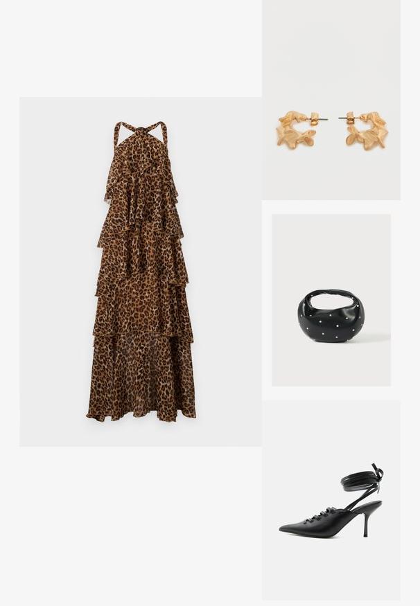 Leopardprint maxi-jurk met een gelaagd ontwerp, halternekbanden en vloeiende lagen stof.; Zwarte pumps met spitse neus en hoge hak, met veters aan de voorkant en riempjes die rond de enkel wikkelen en zijn gestrikt in een strik, gezien vanaf de zijkant tegen een witte achtergrond.; Zwarte leren handtas met een afgeronde vorm, versierd met zilveren studs, en een korte handgreep. Gladde textuur en ritsluiting.; Oorbellen in goudkleur met een abstracte, organische vorm, voorzien van een gestructureerd oppervlak en een sluiting met oorstekers.