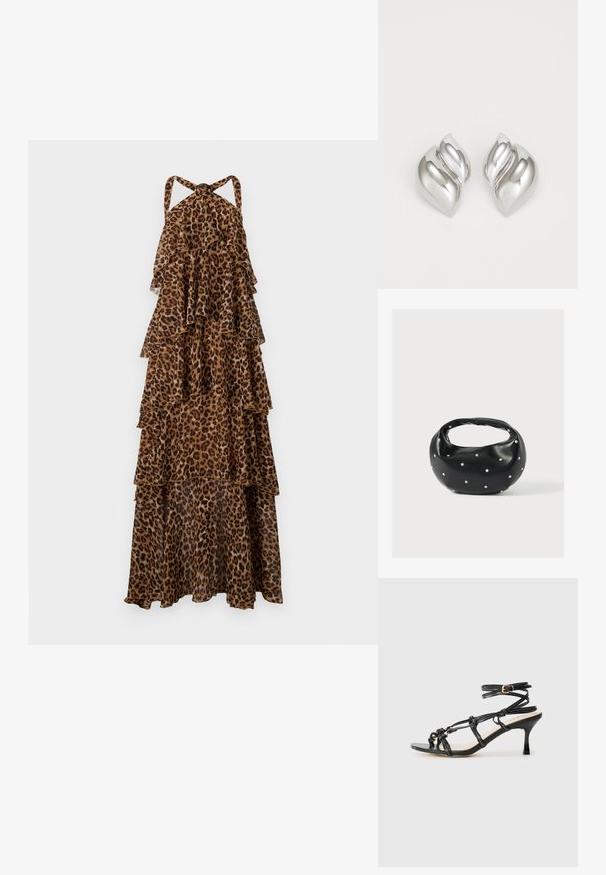 Leopardprint, lagdelt maxi-kjole med halterneck stropper og lagdelt, flydende stof.; Sort patentlæder højhælede sandaler med stropdesign, justerbar ankelrem og knyttede detaljer. Glat tekstur, spids tå.; Sort læderhåndtaske med en rundet form, dekoreret med sølvnitter, og et kort håndtag. Glat tekstur og lynlåslukning.; Sølvøreringe med en organisk, abstrakt form. Glat, skinnende overflade med et tilspidset design. Har subtile kurver og en centrallinje detalje.