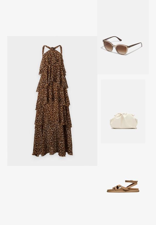 Maxikleid mit Leopardenmuster, gestuft, mit Halterneck-Trägern und geschichteten, fließenden Stoffen.; Braune Wildleder-Flatsandalette mit Knöchelriemen und zwei vorderen Riemen, die durch einen Metallring gesichert sind, Gummisohle und verstellbare Schnalle.; Braune Sonnenbrille mit Farbverlauf, transparentem Rahmen, runder Form und dunkelbraunen Bügeln mit goldfarbener "vogue"-Markierung.; Weiche, cremefarbene Leder-Clutch mit gerafftem Design und einem dünnen Schulterriemen, der vorne auf einem schlichten Hintergrund liegt.