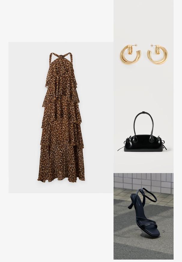 Leopardprint, lagdelt maxi-kjole med halterneck stropper og lagdelt, flydende stof.; Sort højhælet sandal med stropper og ankelspænde, der svæver over tekstureret gråt fortov med flisebelagt væg i baggrunden.; Lille sort blank håndtaske med to lange håndtag og snøre-detaljer i siden på en ensfarvet lys baggrund.; Par af skinnende gyldne dobbelt loop øreringe med stift-lukning på hvid baggrund.