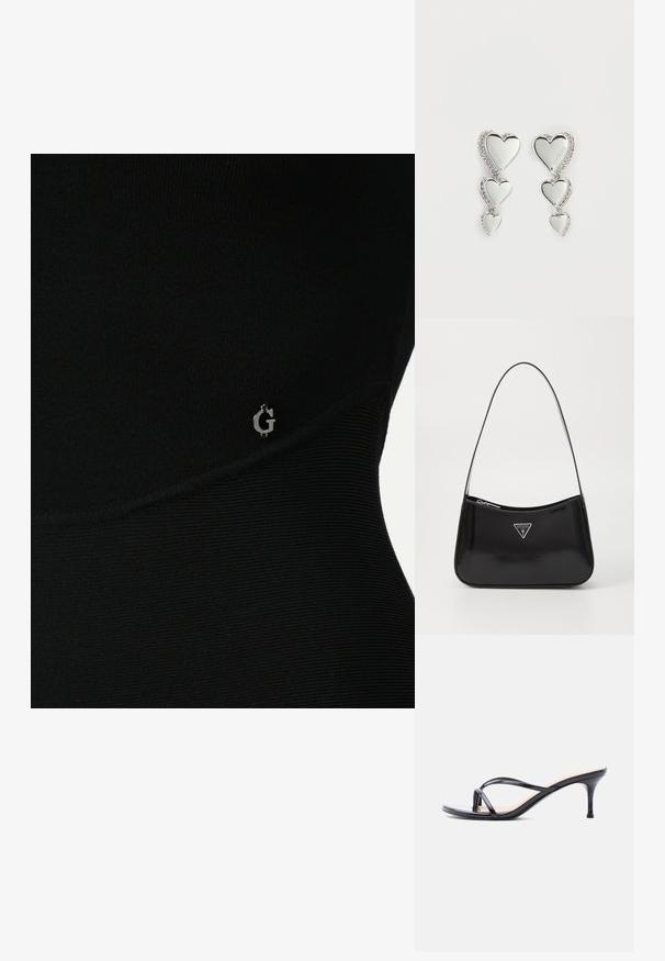 Top atlético negro con textura acanalada, que presenta un sutil logo plateado en el lateral y un diseño ajustado y elegante.; Sandalia de tacón de charol negro con tiras finas cruzadas y un tacón de aguja delgado de altura media, sobre un fondo blanco.; Bolso de hombro de charol negro con forma curva, que presenta un logotipo triangular plateado y un cierre de cremallera. Textura suave y correa delgada.; Pendientes plateados en forma de corazón con tres corazones en cascada, adornados con brillantes piedras de imitación. Superficie reflectante con nombre de la marca grabado.